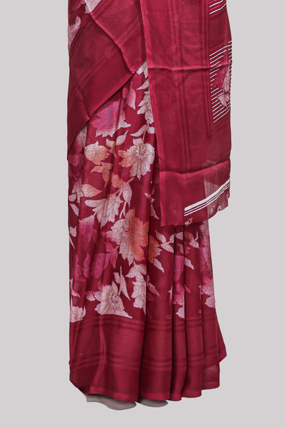 Maroon floral design chiffon saree with self border and matching blouse
