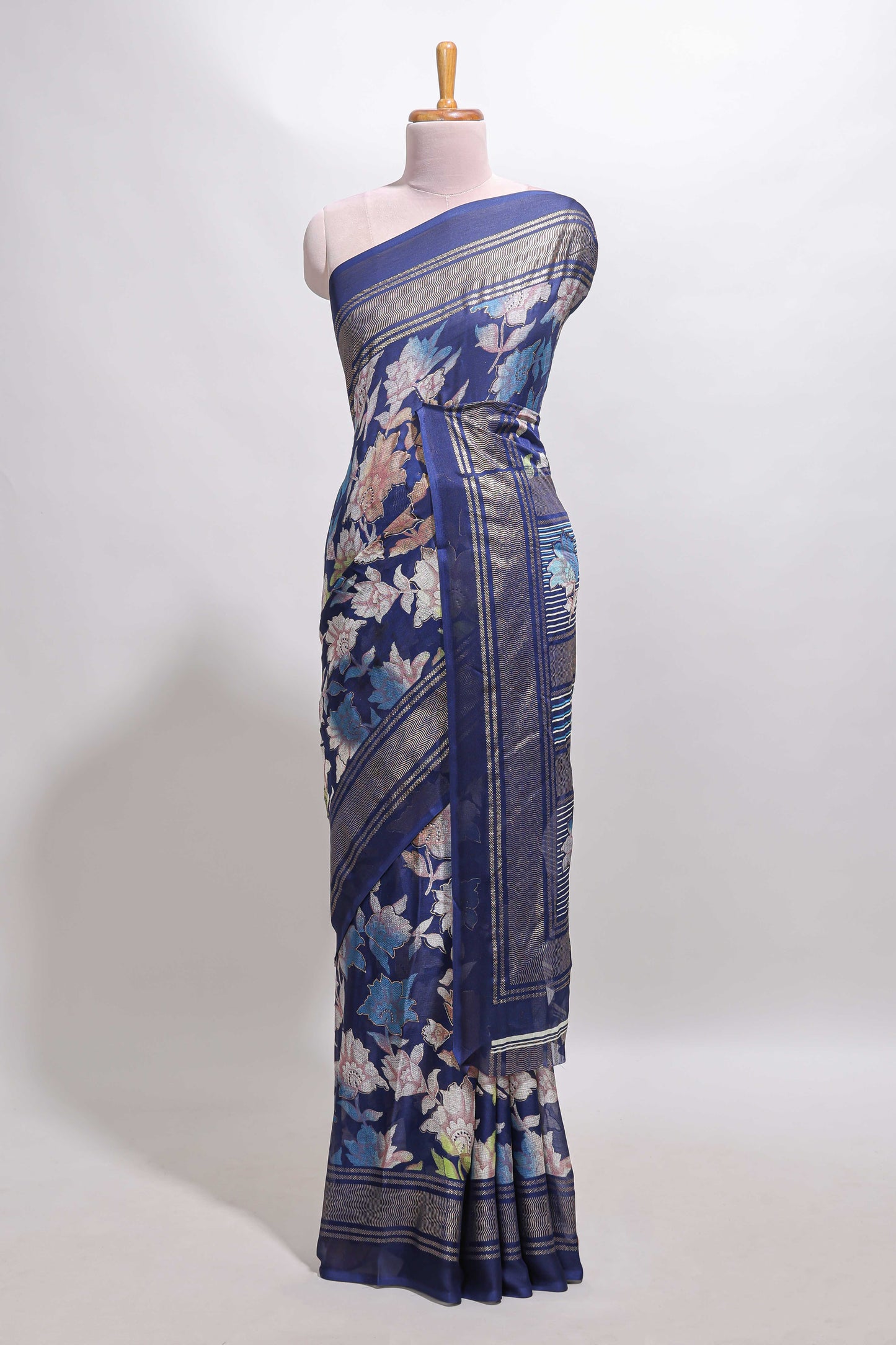 Blue floral design chiffon saree with self border and matching blouse