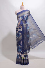 Blue floral design chiffon saree with self border and matching blouse