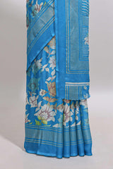 Sky blue floral design chiffon saree with self border and matching blouse
