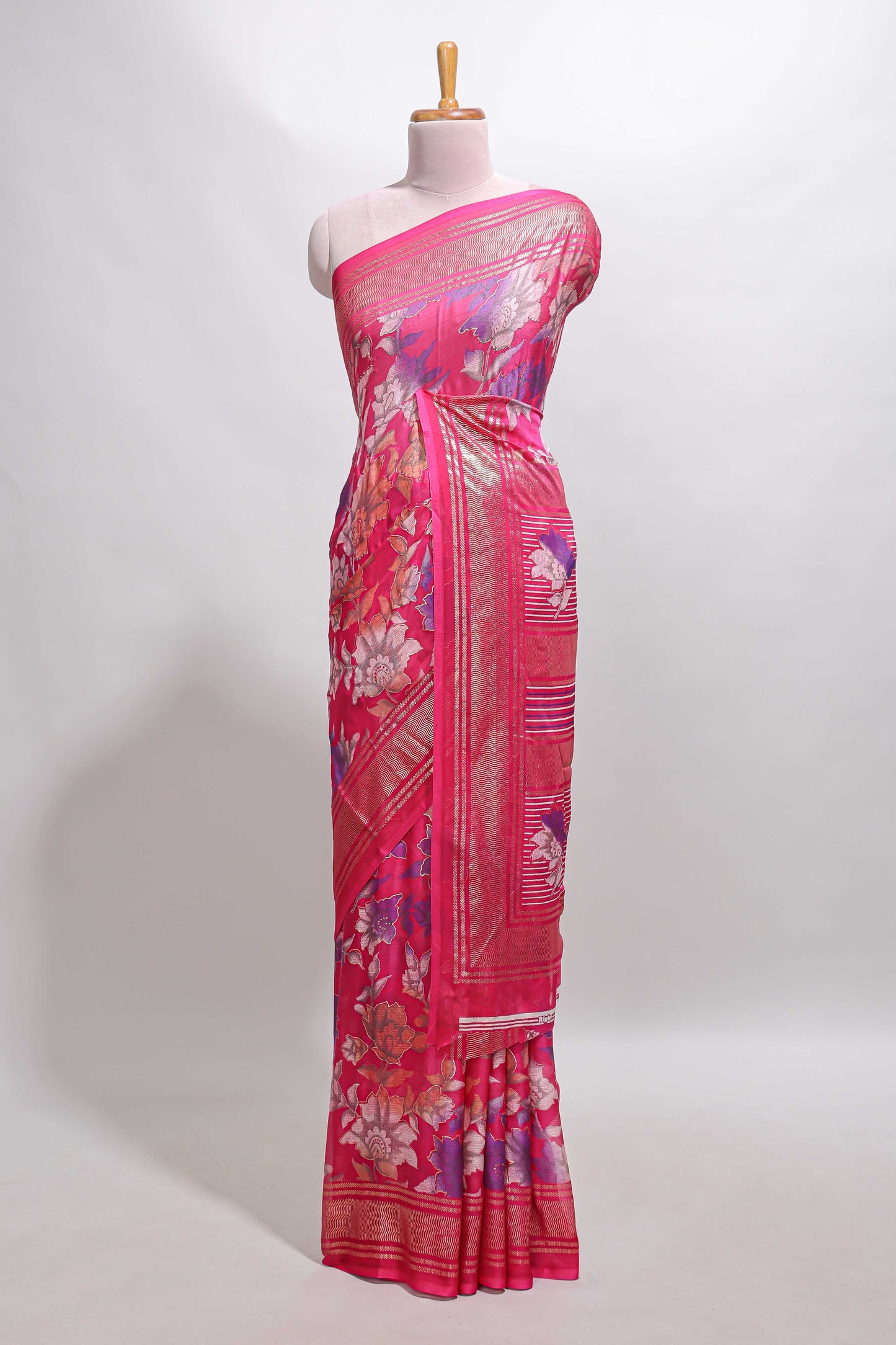 Pink floral design chiffon saree with self border and matching blouse
