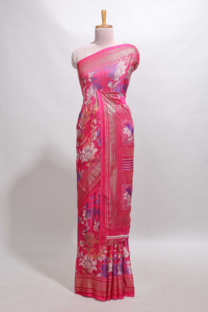 Pink floral design chiffon saree with self border and matching blouse