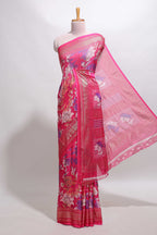 Pink floral design chiffon saree with self border and matching blouse
