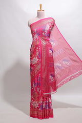 Pink floral design chiffon saree with self border and matching blouse