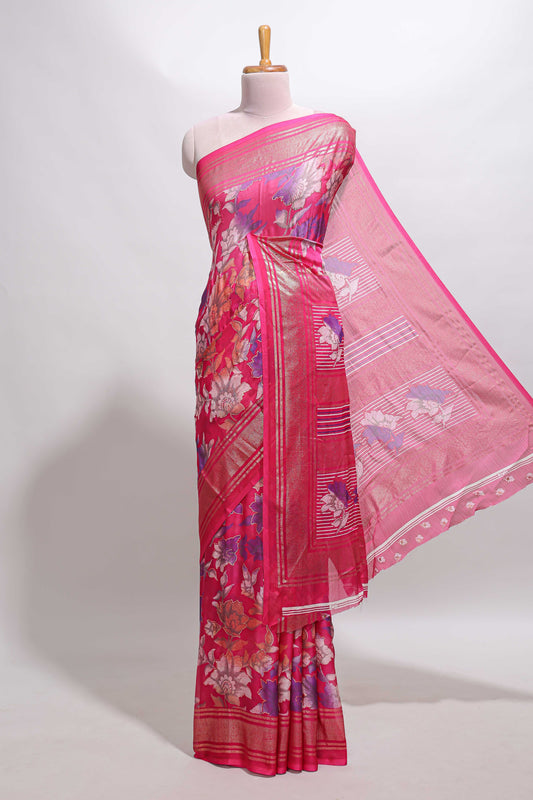 Pink floral design chiffon saree with self border and matching blouse