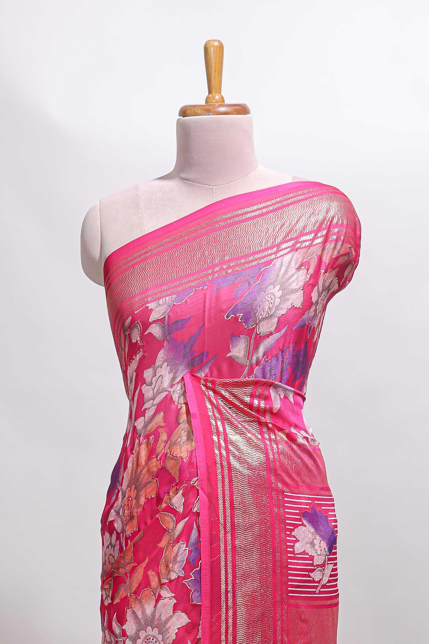 Pink floral design chiffon saree with self border and matching blouse