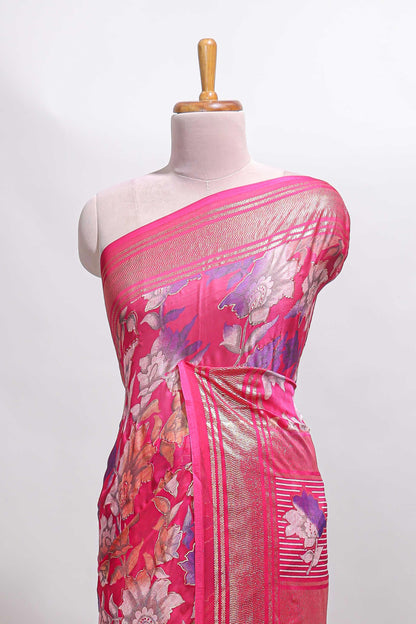Pink floral design chiffon saree with self border and matching blouse