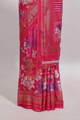 Pink floral design chiffon saree with self border and matching blouse