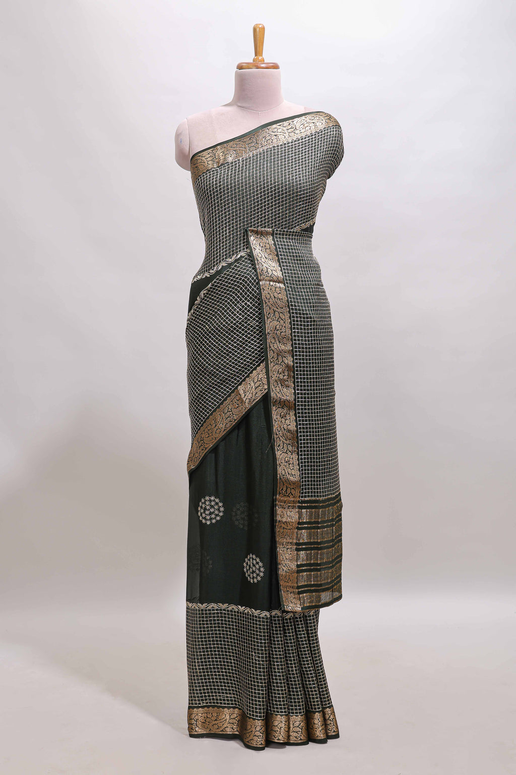 Black checked floral motifs chiffon saree with self zari border and contrast blouse