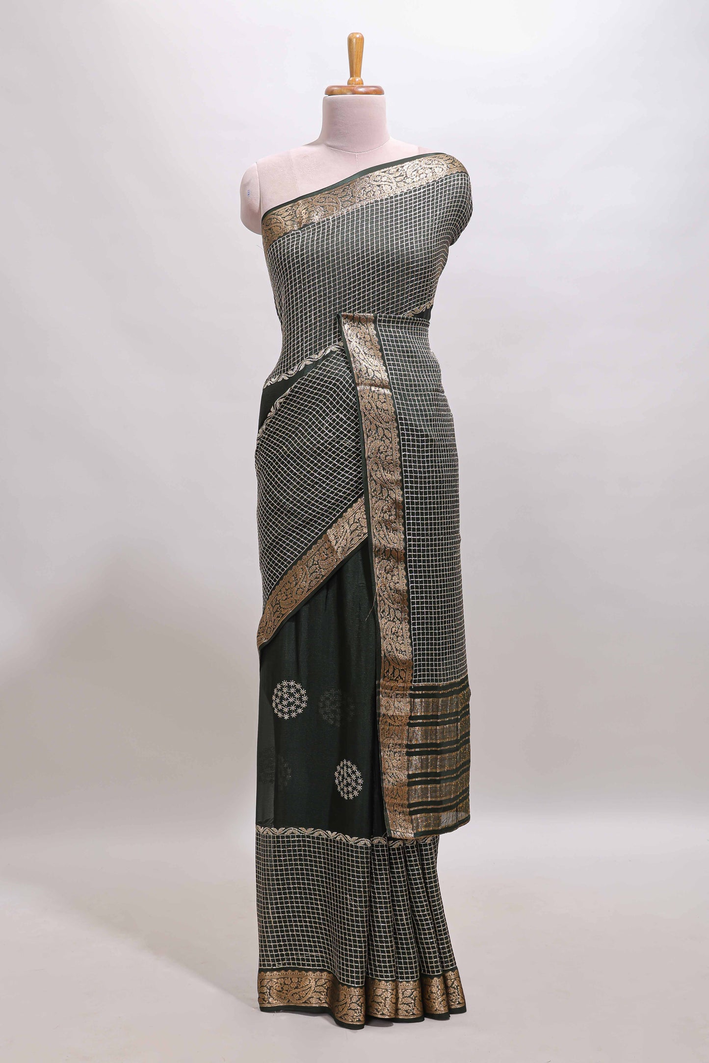Black checked floral motifs chiffon saree with self zari border and contrast blouse
