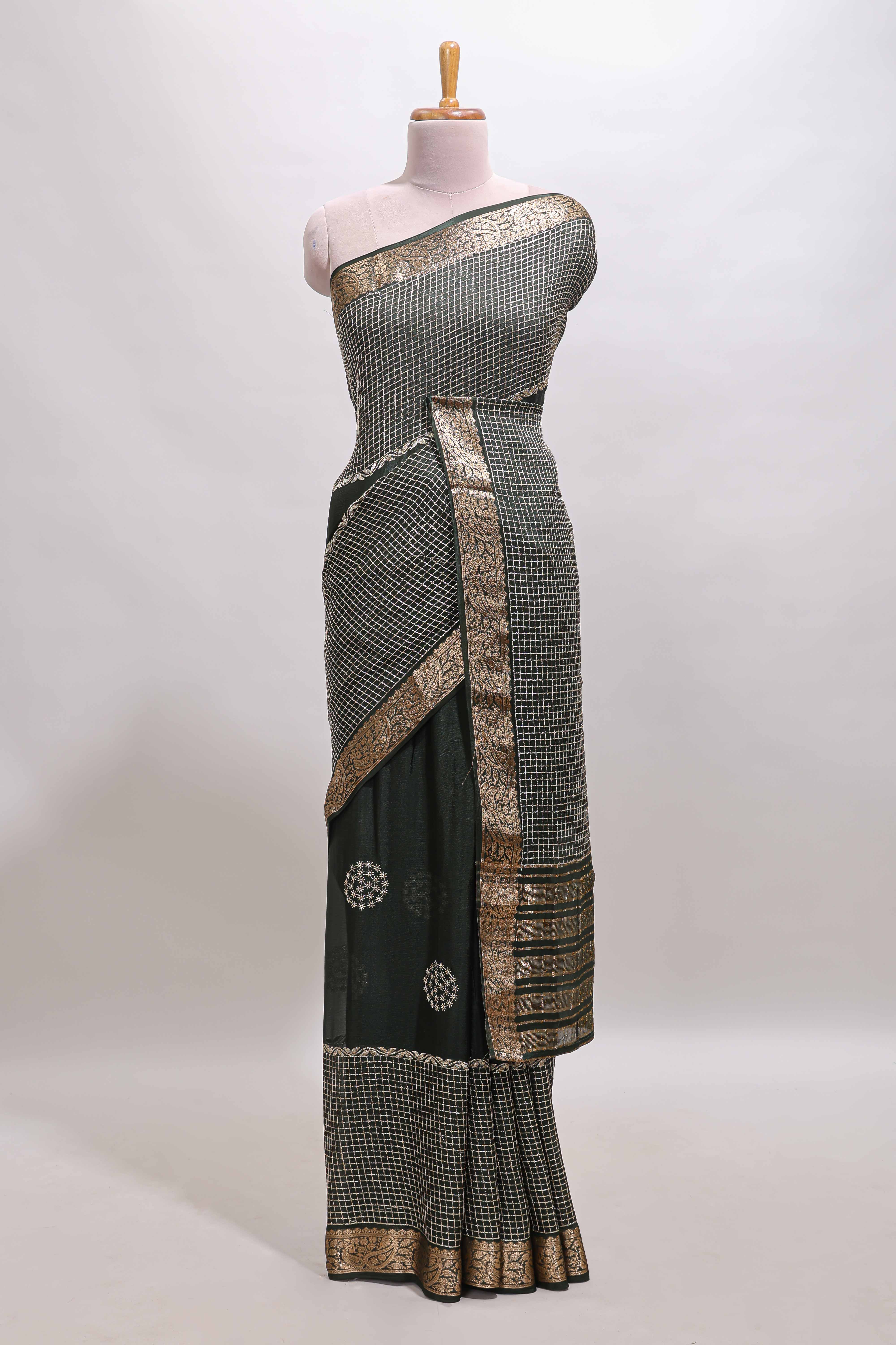 Black checked floral motifs chiffon saree with self zari border and contrast blouse