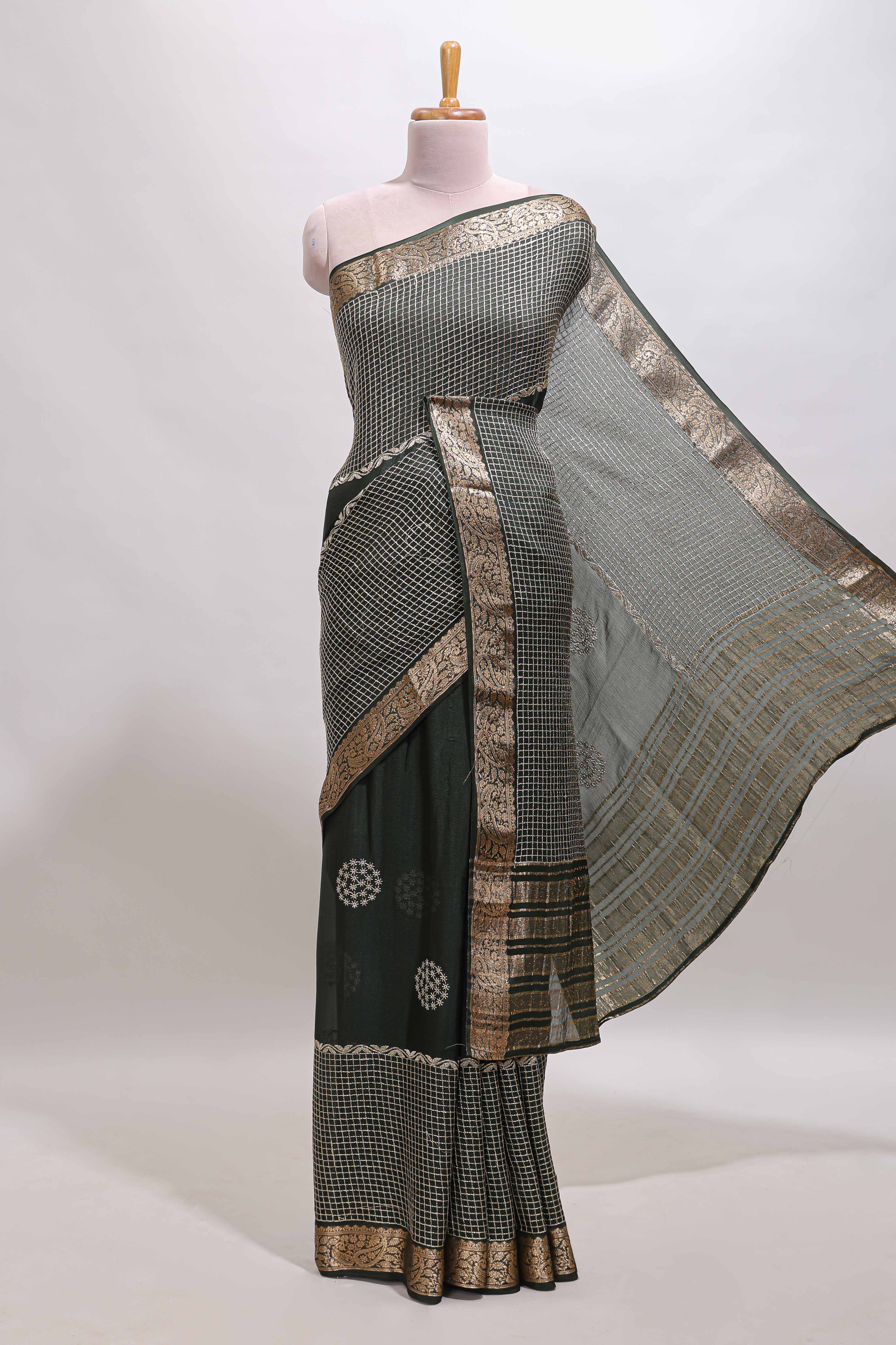 Black checked floral motifs chiffon saree with self zari border and contrast blouse