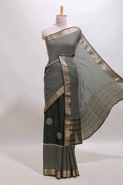 Black checked floral motifs chiffon saree with self zari border and contrast blouse