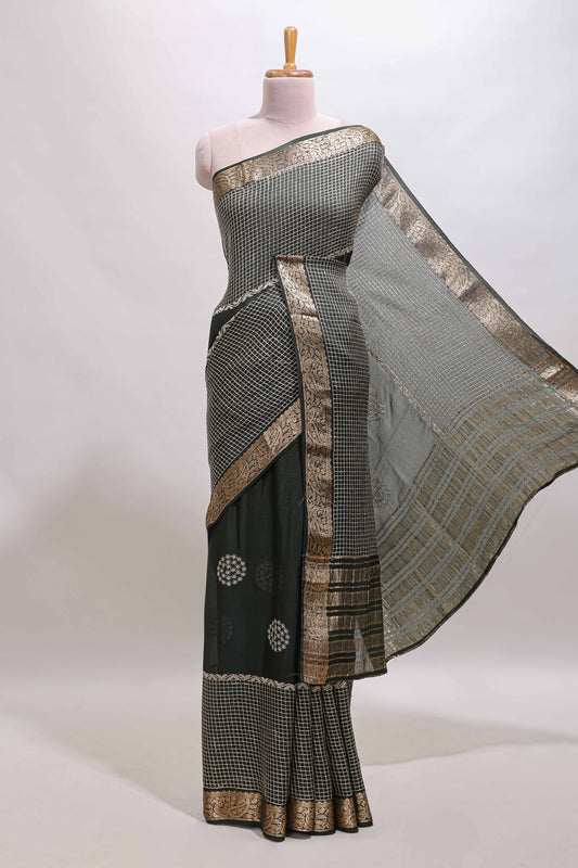 Black checked floral motifs chiffon saree with self zari border and contrast blouse