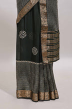 Black checked floral motifs chiffon saree with self zari border and contrast blouse