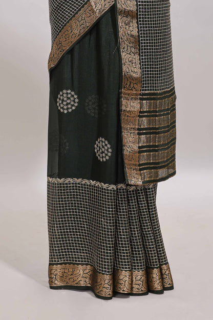 Black checked floral motifs chiffon saree with self zari border and contrast blouse
