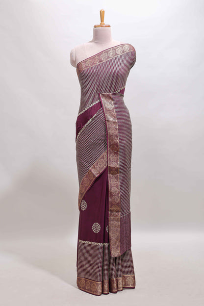 Purple checked floral motifs chiffon saree with self zari border and contrast blouse