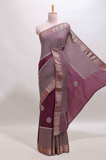 Purple checked floral motifs chiffon saree with self zari border and contrast blouse