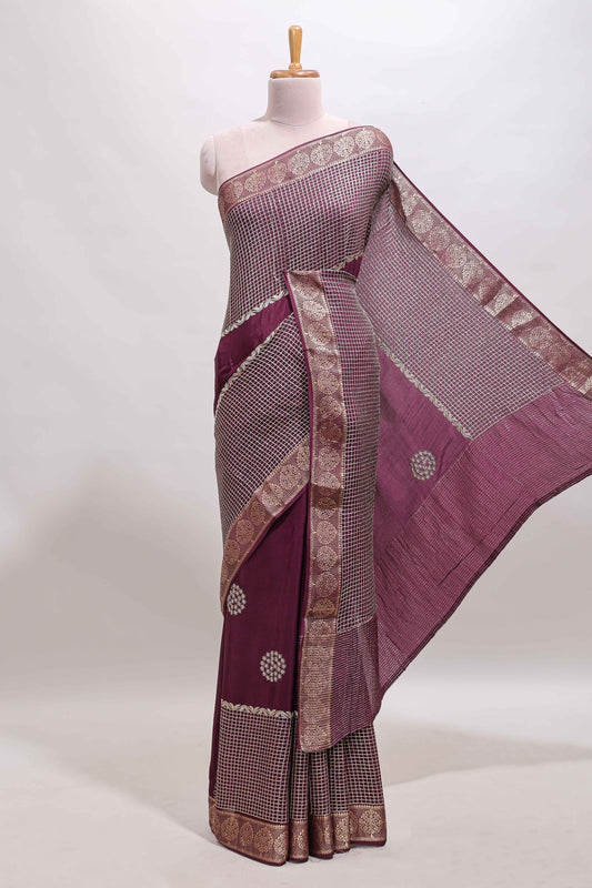 Purple checked floral motifs chiffon saree with self zari border and contrast blouse