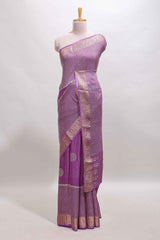 Lavender checked floral motifs chiffon saree with self zari border and contrast blouse