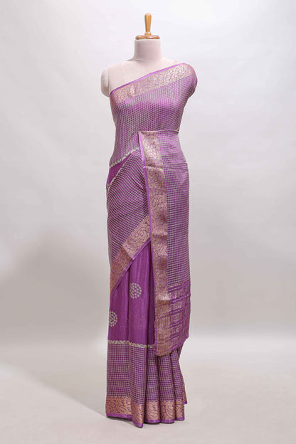 Lavender checked floral motifs chiffon saree with self zari border and contrast blouse