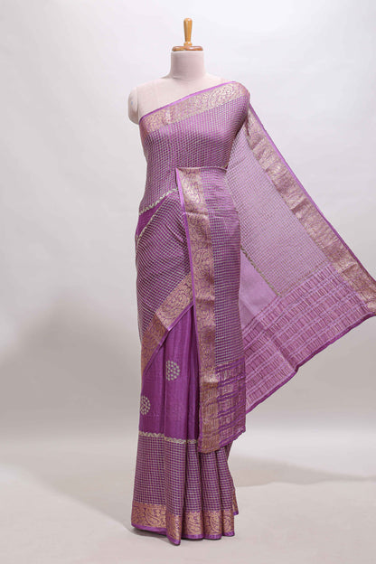 Lavender checked floral motifs chiffon saree with self zari border and contrast blouse