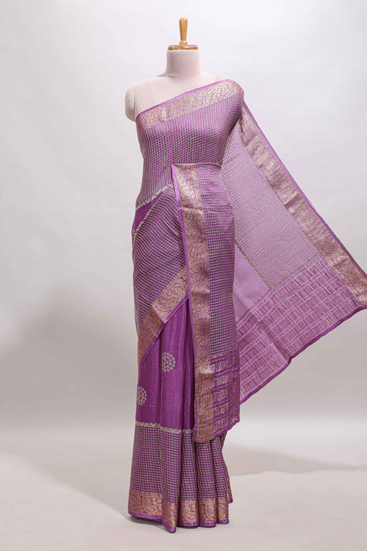 Lavender checked floral motifs chiffon saree with self zari border and contrast blouse