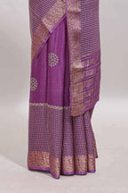 Lavender checked floral motifs chiffon saree with self zari border and contrast blouse