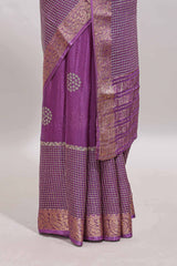 Lavender checked floral motifs chiffon saree with self zari border and contrast blouse