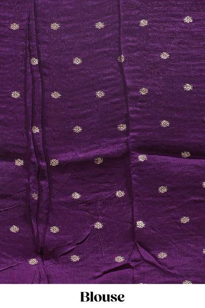 Lavender checked floral motifs chiffon saree with self zari border and contrast blouse