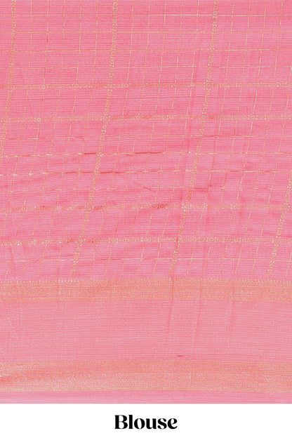 Rani pink checked floral motifs chiffon saree with self zari border and contrast blouse