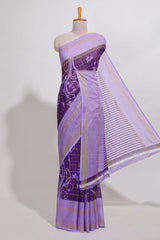 Purple checked floral motifs chiffon saree with self zari border and contrast pallu and blouse