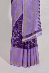 Purple checked floral motifs chiffon saree with self zari border and contrast pallu and blouse