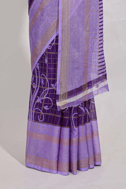 Purple checked floral motifs chiffon saree with self zari border and contrast blouse