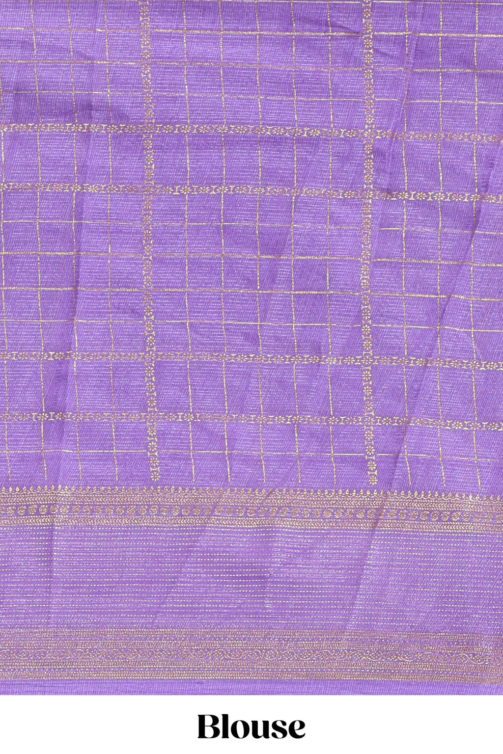 Purple checked floral motifs chiffon saree with self zari border and contrast pallu and blouse