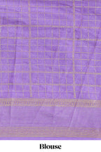 Purple checked floral motifs chiffon saree with self zari border and contrast pallu and blouse