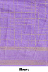 Purple checked floral motifs chiffon saree with self zari border and contrast pallu and blouse