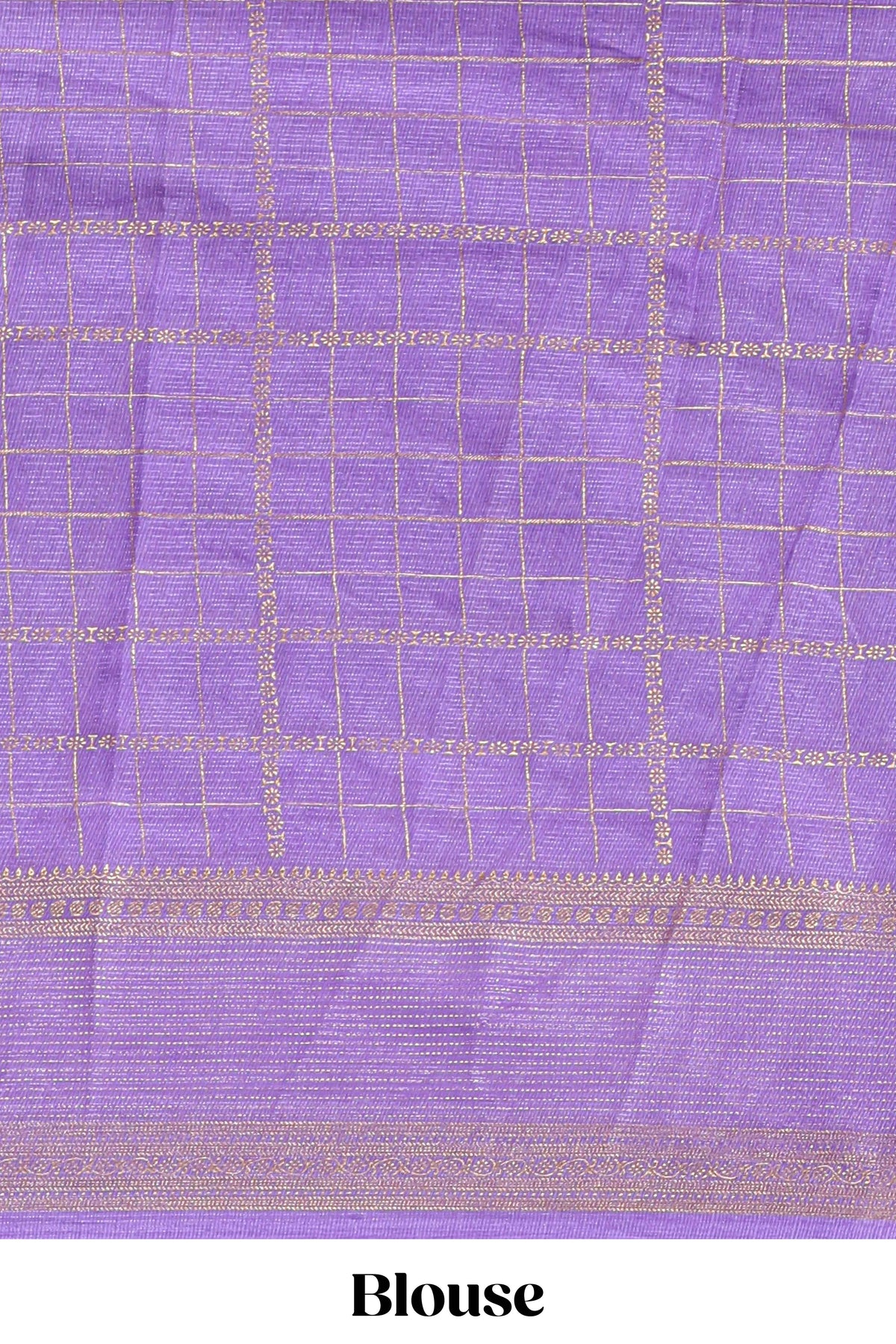 Purple checked floral motifs chiffon saree with self zari border and contrast pallu and blouse