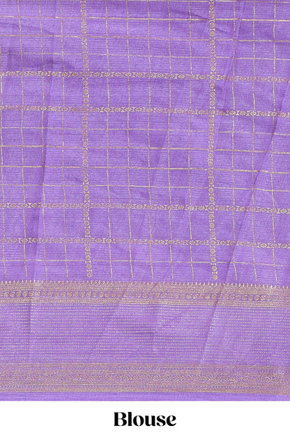Purple checked floral motifs chiffon saree with self zari border and contrast blouse