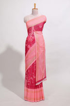Rani pink checked floral motifs chiffon saree with self zari border and contrast blouse