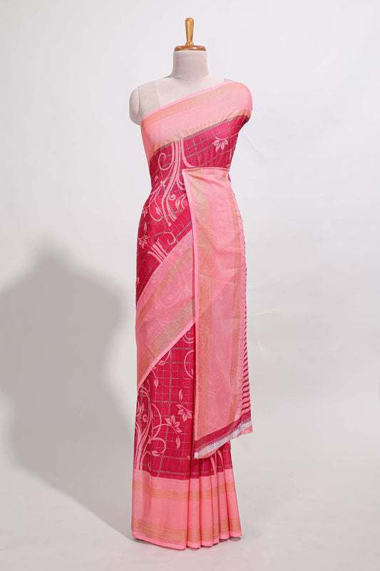 Rani pink checked floral motifs chiffon saree with self zari border and contrast blouse
