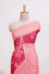 Rani pink checked floral motifs chiffon saree with self zari border and contrast blouse