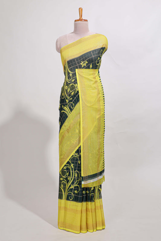 Green checked floral motifs chiffon saree with self zari border and contrast blouse