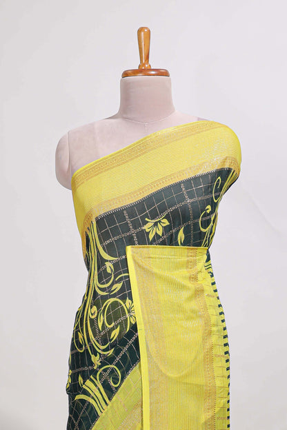 Green checked floral motifs chiffon saree with self zari border and contrast blouse