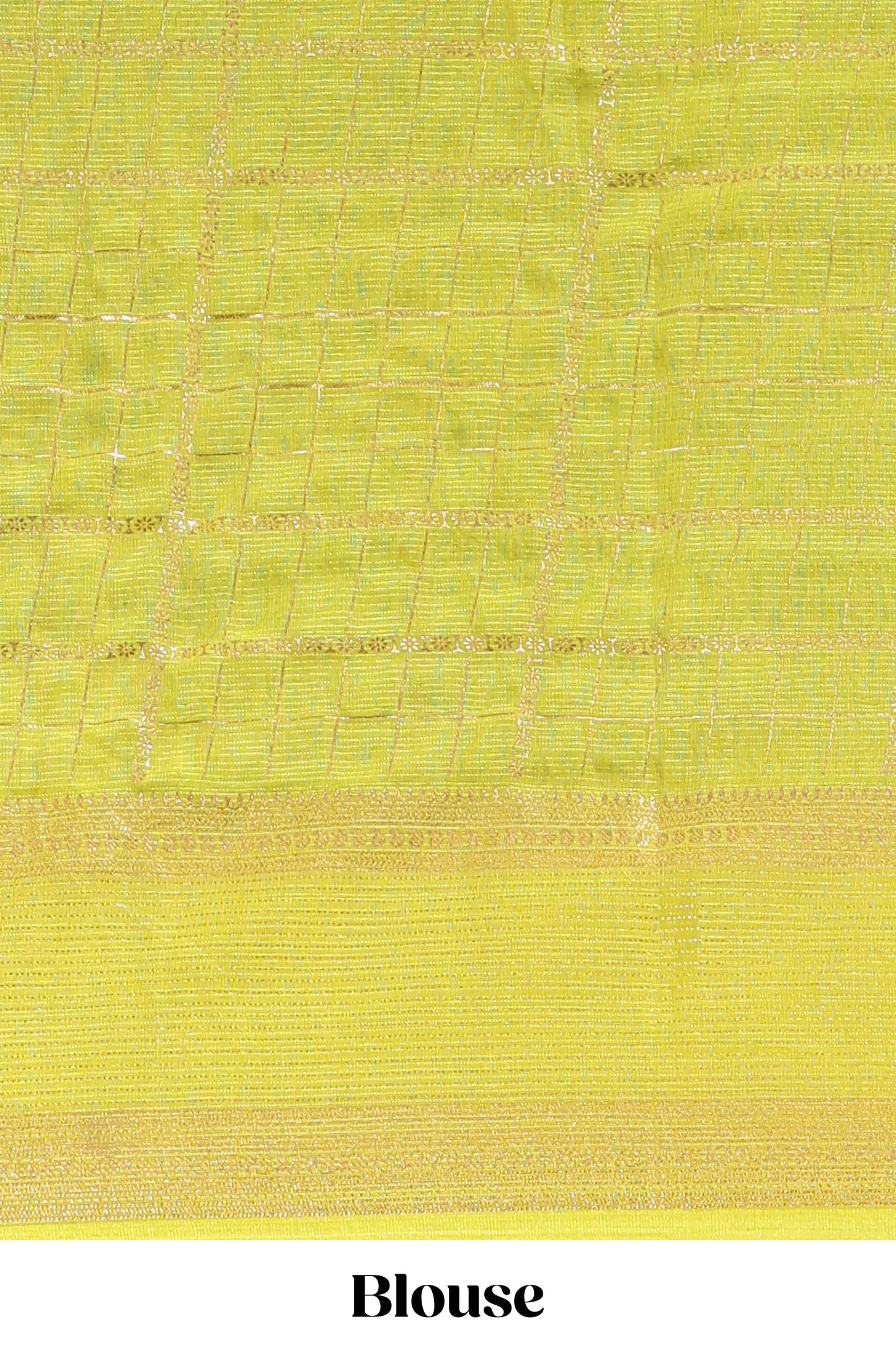 Green checked floral motifs chiffon saree with self zari border and contrast blouse