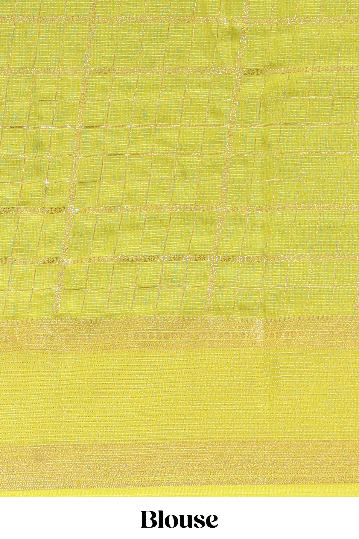 Green checked floral motifs chiffon saree with self zari border and contrast blouse