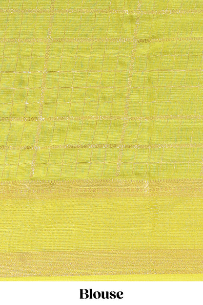 Green checked floral motifs chiffon saree with self zari border and contrast blouse