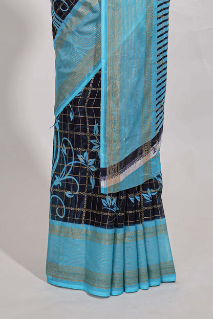 Navy blue checked floral motifs chiffon saree with self zari border and contrast blouse
