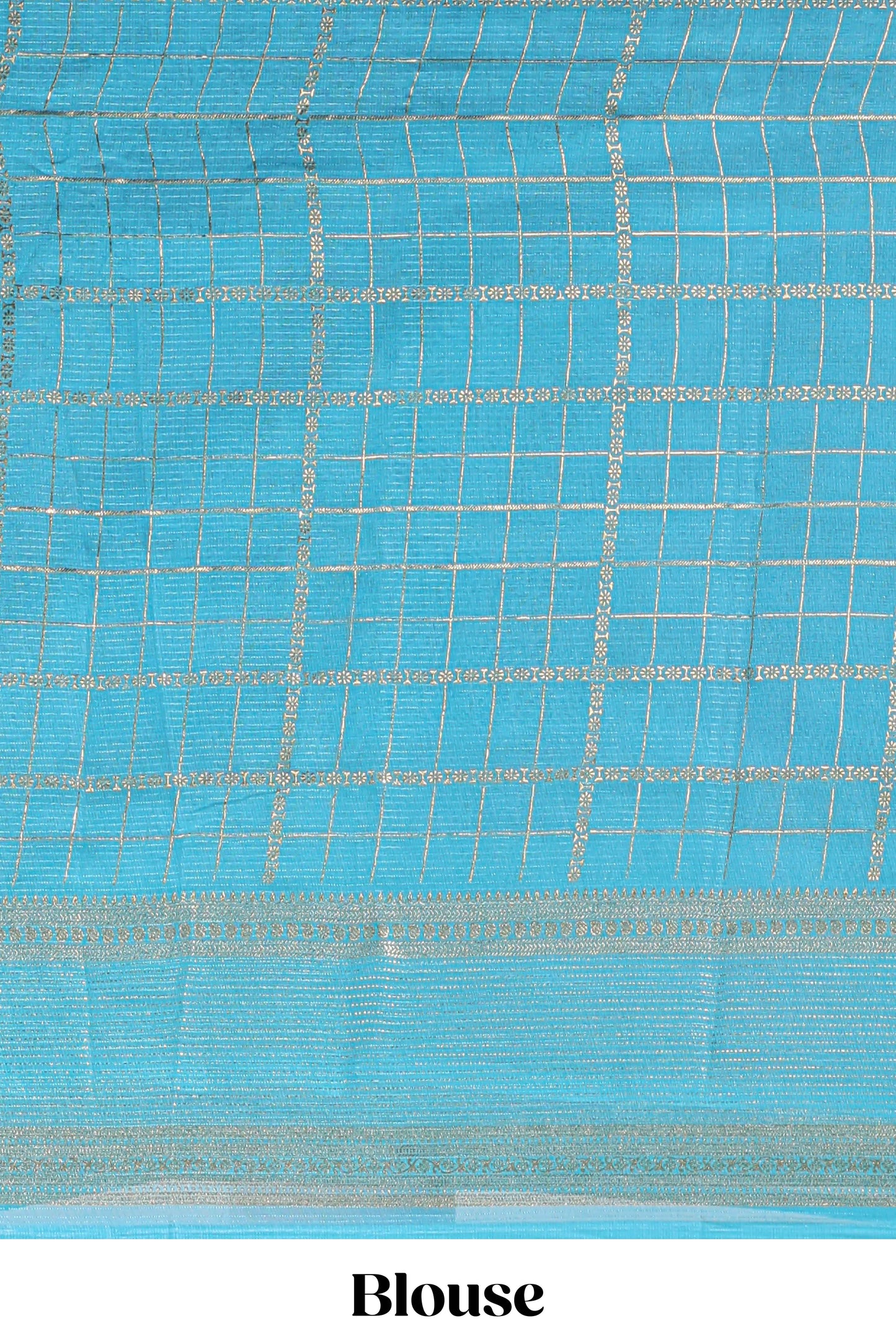 Navy blue checked floral motifs chiffon saree with self zari border and contrast blouse