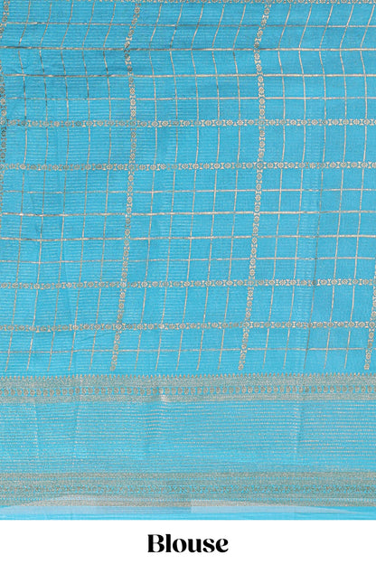 Navy blue checked floral motifs chiffon saree with self zari border and contrast blouse